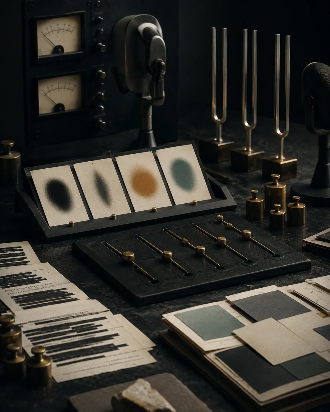 Dark voice calibration table with tuning forks, sliders and tone cards.