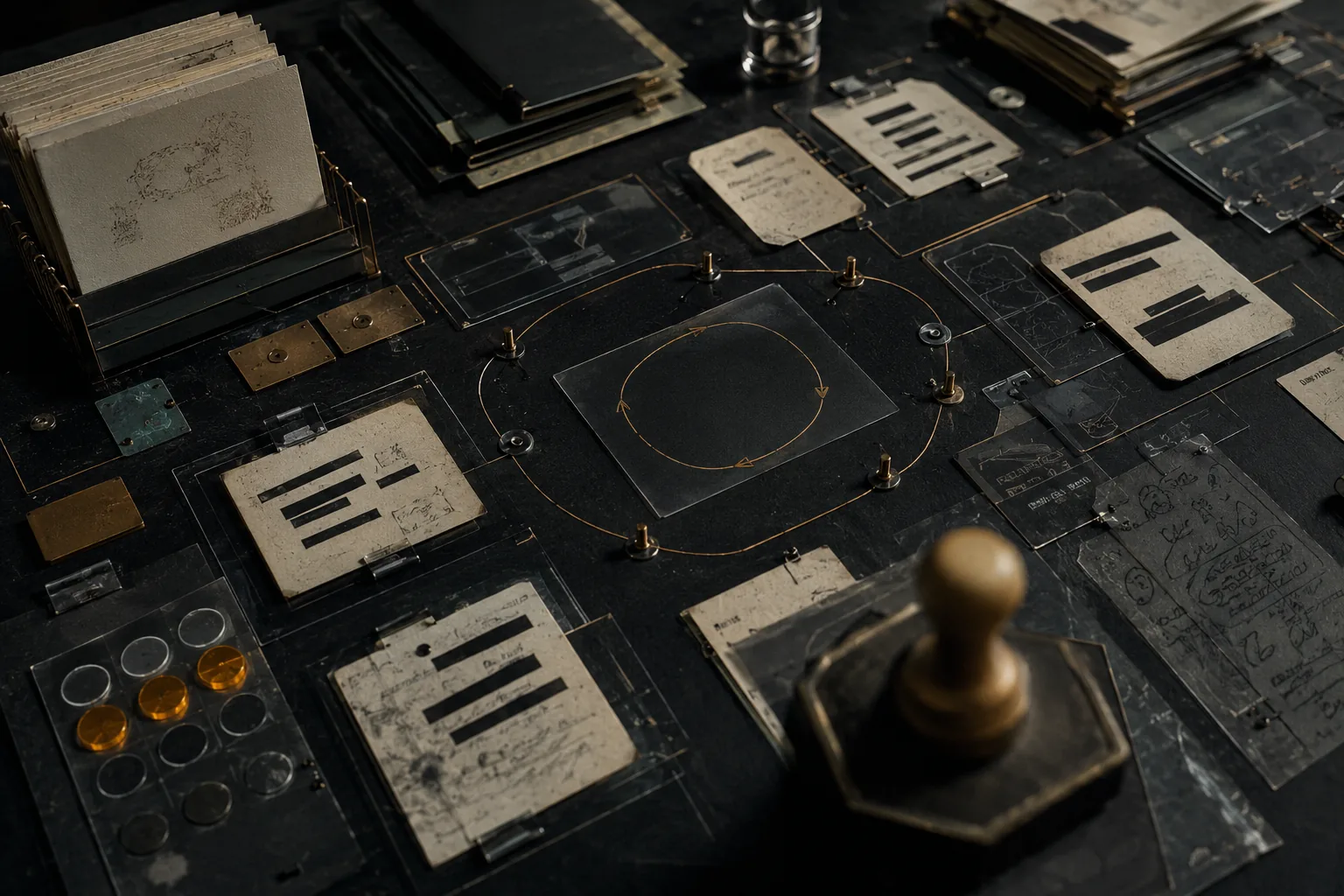 Dark self-improvement loop table with approval stamp, routing fragments and review cards.